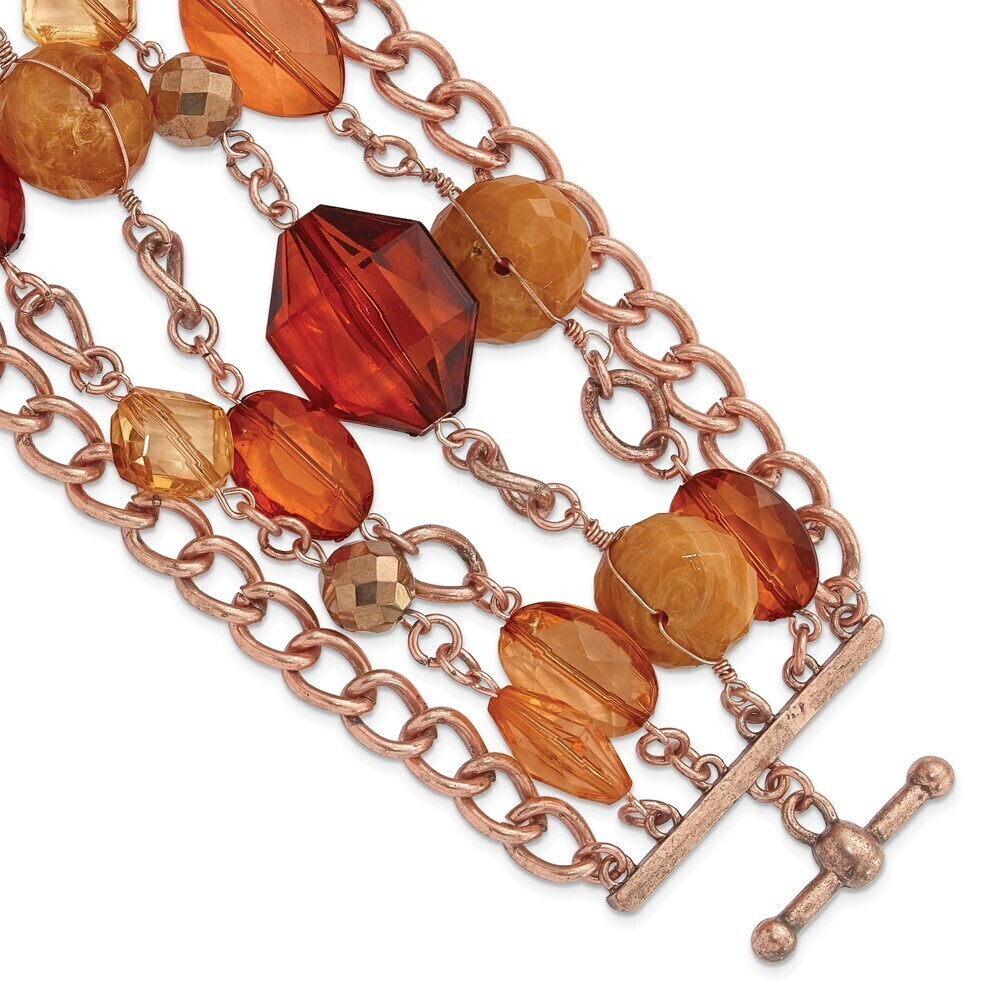 Copper-tone Brown & Orange Faceted Acrylic Beads Wide Six Row 8" Toggle Bracelet